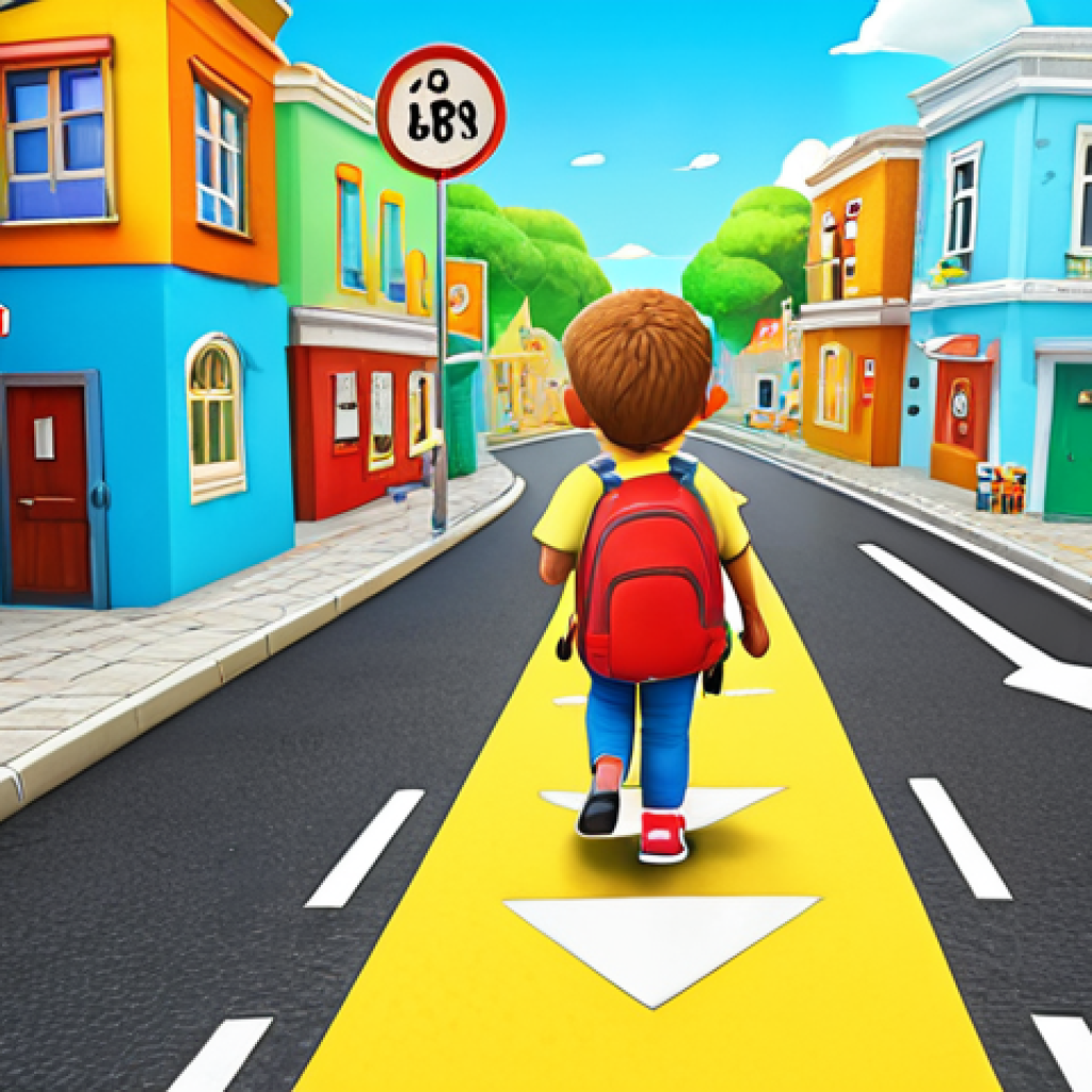 **Prompt:** Titti's interactive game, where children guide Titti through a safe route, avoiding obstacles and following traffic rules, in a bright and colorful cartoon style.