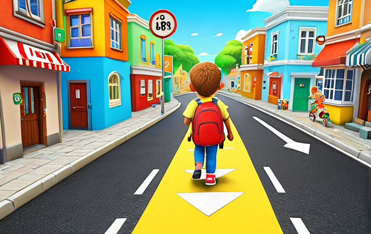 **Prompt:** Titti's interactive game, where children guide Titti through a safe route, avoiding obstacles and following traffic rules, in a bright and colorful cartoon style.