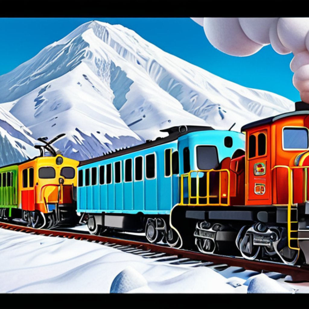 A group of cheerful cartoon trains, including Titipo, Diesel, and Eric, are working together to pull a heavy load up a snowy mountain. The style is bright and colorful, emphasizing teamwork and friendship.