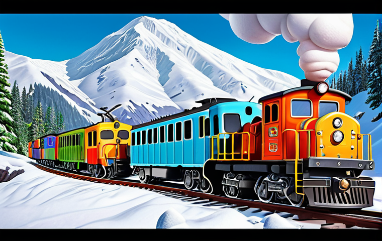 A group of cheerful cartoon trains, including Titipo, Diesel, and Eric, are working together to pull a heavy load up a snowy mountain. The style is bright and colorful, emphasizing teamwork and friendship.