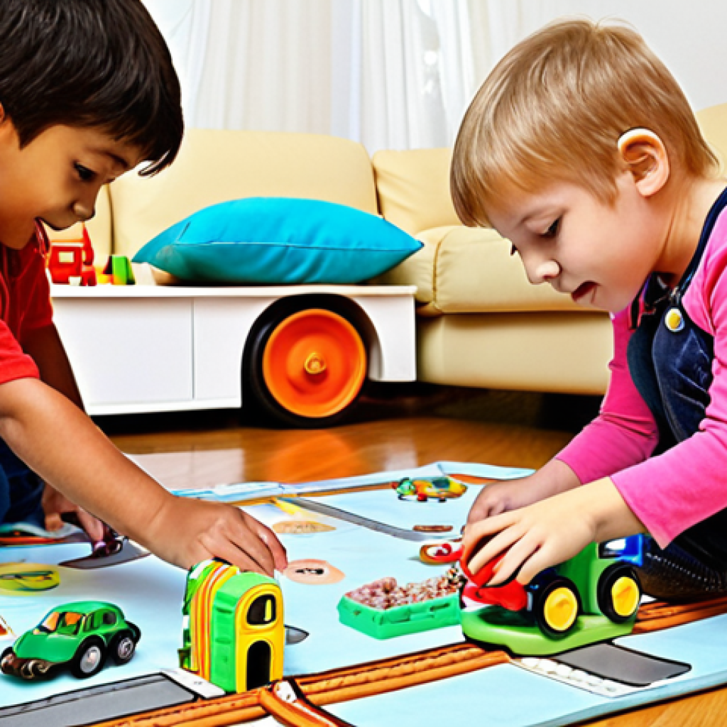 **Prompt 1: Child's Imaginative World Inspired by Titipo**
    A vibrant and cozy playroom, filled with soft light, where several diverse young children (ages 3-6) are deeply engrossed in creative play. One child is meticulously building a colorful, intricate train track with building blocks and small toy trains, while another is sitting on the floor, intensely focused on drawing unique, imaginative train characters with crayons on a large sheet of paper. In the background, a third child is transforming a pile of pillows and blankets into a makeshift "train station" or "tunnel," embodying a playful train. Their faces show pure joy, concentration, and the deep immersion that transforms their everyday environment into the fantastical world of Titipo. The scene emphasizes active imagination, creativity, and the tactile nature of play.