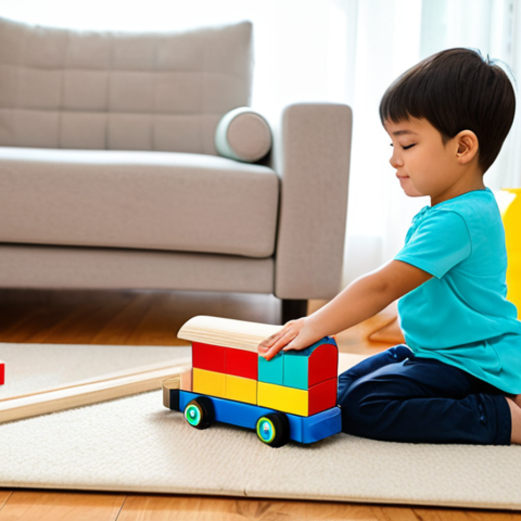 A young child, approximately 7 years old, with perfect anatomy and correct proportions, seated comfortably on a soft rug in a bright, sunlit playroom. The child is fully clothed in modest, comfortable attire, engaging in a natural pose. One hand interacts with a classic wooden train set and colorful building blocks, while the other hand gently taps a large, modern tablet displaying a bright, educational puzzle game. The room features clean, minimalist decor. Well-formed hands, proper finger count, natural body proportions. High-quality professional photography. Safe for work, appropriate content, fully clothed, family-friendly.