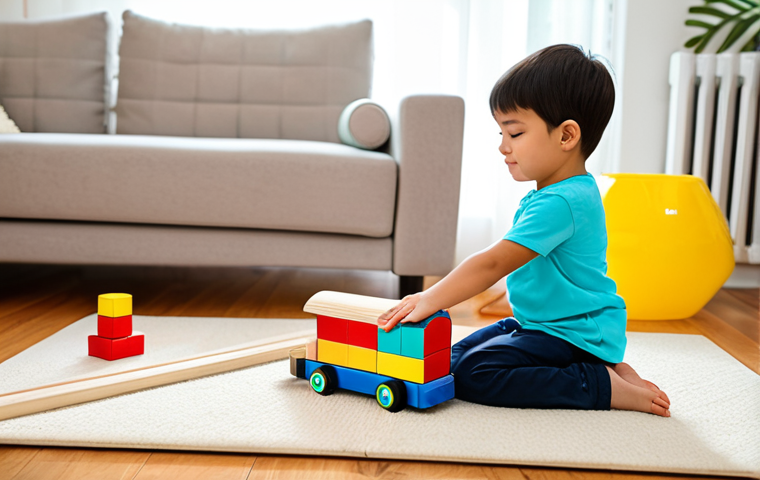 A young child, approximately 7 years old, with perfect anatomy and correct proportions, seated comfortably on a soft rug in a bright, sunlit playroom. The child is fully clothed in modest, comfortable attire, engaging in a natural pose. One hand interacts with a classic wooden train set and colorful building blocks, while the other hand gently taps a large, modern tablet displaying a bright, educational puzzle game. The room features clean, minimalist decor. Well-formed hands, proper finger count, natural body proportions. High-quality professional photography. Safe for work, appropriate content, fully clothed, family-friendly.