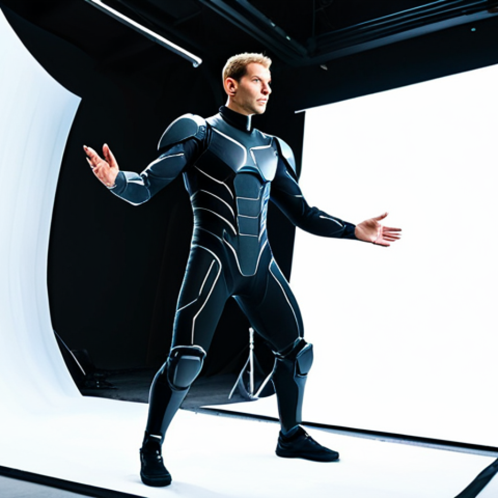 A professional motion capture actor, male, fully clothed in a modest, dark motion capture suit adorned with small white tracking markers. He is standing in a large, well-lit, professional motion capture studio with multiple infrared cameras positioned around the perimeter. The actor is in a natural pose, poised for capturing movement, demonstrating perfect anatomy and correct proportions. The scene conveys a high-tech, professional environment. Appropriate attire, safe for work, family-friendly, well-formed hands, proper finger count, natural body proportions, high quality photography.