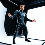 A professional motion capture actor, male, fully clothed in a modest, dark motion capture suit adorned with small white tracking markers. He is standing in a large, well-lit, professional motion capture studio with multiple infrared cameras positioned around the perimeter. The actor is in a natural pose, poised for capturing movement, demonstrating perfect anatomy and correct proportions. The scene conveys a high-tech, professional environment. Appropriate attire, safe for work, family-friendly, well-formed hands, proper finger count, natural body proportions, high quality photography.