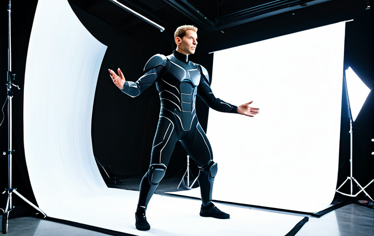 A professional motion capture actor, male, fully clothed in a modest, dark motion capture suit adorned with small white tracking markers. He is standing in a large, well-lit, professional motion capture studio with multiple infrared cameras positioned around the perimeter. The actor is in a natural pose, poised for capturing movement, demonstrating perfect anatomy and correct proportions. The scene conveys a high-tech, professional environment. Appropriate attire, safe for work, family-friendly, well-formed hands, proper finger count, natural body proportions, high quality photography.