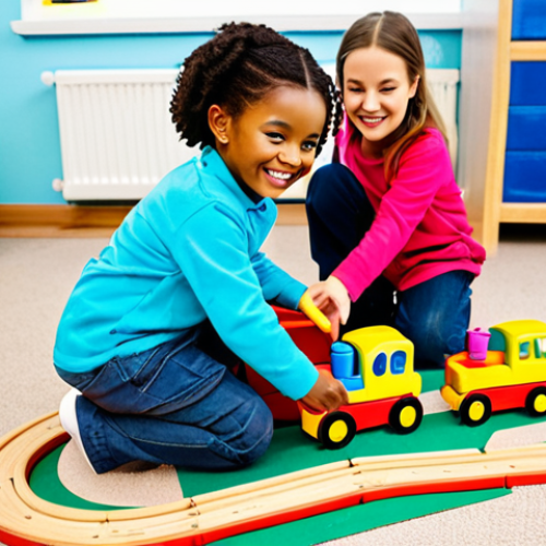 Home 28 A group of diverse young children, aged 4-6, dressed in comfortable, modest play clothes, fully clothed, appropriate attire, engaged in collaborative play on a carpeted floor in a brightly lit, colorful kindergarten classroom. They are happily interacting with a Titipo train set, building tracks and moving train figurines. One child is pointing at a train, another is smiling, sharing a train. Professional photography, high-resolution, vivid colors, perfect anatomy, correct proportions, natural pose, well-formed hands, proper finger count, natural body proportions, safe for work, appropriate content, family-friendly.