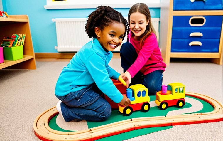 A group of diverse young children, aged 4-6, dressed in comfortable, modest play clothes, fully clothed, appropriate attire, engaged in collaborative play on a carpeted floor in a brightly lit, colorful kindergarten classroom. They are happily interacting with a Titipo train set, building tracks and moving train figurines. One child is pointing at a train, another is smiling, sharing a train. Professional photography, high-resolution, vivid colors, perfect anatomy, correct proportions, natural pose, well-formed hands, proper finger count, natural body proportions, safe for work, appropriate content, family-friendly.