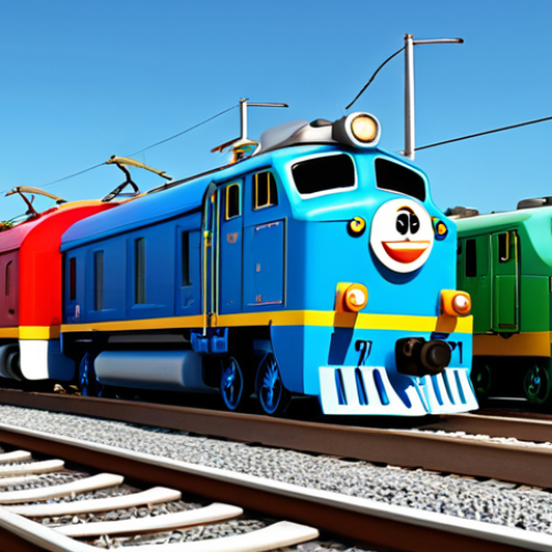 Home 27 A group of cheerful anthropomorphic train characters, including Titipo and Diesel, are depicted in a bustling, modern train yard. They are engaged in a cooperative task, such as moving cargo or connecting carriages, showcasing teamwork and friendship. The trains are rendered with a clean, polished finish and vibrant, family-friendly colors. The background features various tracks, a clear blue sky, and a harmonious atmosphere. Perfect anatomy, correct proportions, natural pose, safe for work, appropriate content, fully clothed (referring to their design integrity), professional quality, modest, family-friendly, high-resolution, sharp focus.