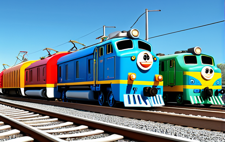 A group of cheerful anthropomorphic train characters, including Titipo and Diesel, are depicted in a bustling, modern train yard. They are engaged in a cooperative task, such as moving cargo or connecting carriages, showcasing teamwork and friendship. The trains are rendered with a clean, polished finish and vibrant, family-friendly colors. The background features various tracks, a clear blue sky, and a harmonious atmosphere. Perfect anatomy, correct proportions, natural pose, safe for work, appropriate content, fully clothed (referring to their design integrity), professional quality, modest, family-friendly, high-resolution, sharp focus.