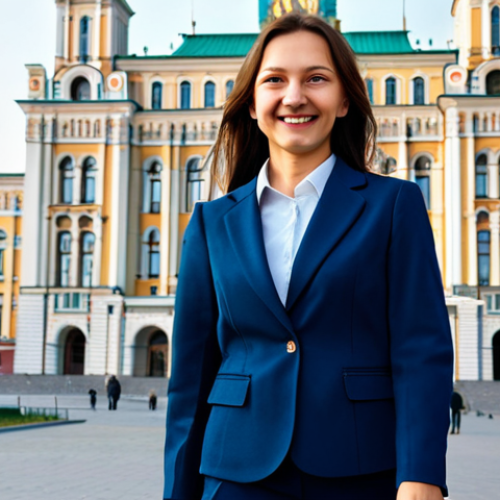 Home 26 **
A professional woman in a modest, dark blue business suit stands confidently in front of the Moscow State University building. The scene is daytime with clear skies. She is fully clothed in appropriate attire, holding a briefcase, looking directly at the viewer with a warm smile. Safe for work, appropriate content, professional, perfect anatomy, natural pose, well-formed hands, proper finger count, high quality.
**