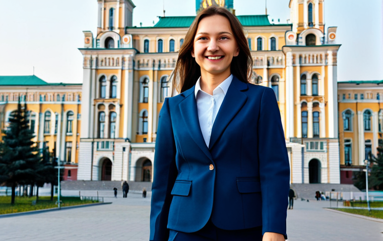 **

A professional woman in a modest, dark blue business suit stands confidently in front of the Moscow State University building. The scene is daytime with clear skies. She is fully clothed in appropriate attire, holding a briefcase, looking directly at the viewer with a warm smile. Safe for work, appropriate content, professional, perfect anatomy, natural pose, well-formed hands, proper finger count, high quality.

**