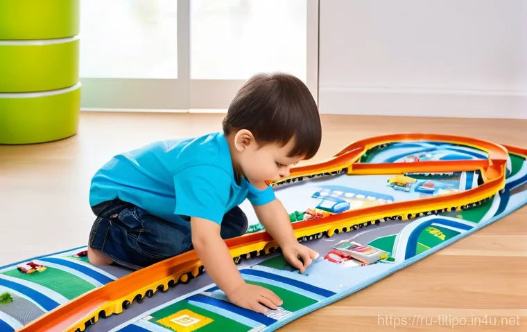 띠띠뽀 캐릭터를 활용한 교육 프로그램 - **Prompt:** A cheerful preschool-aged boy, wearing a bright blue t-shirt and shorts, is engrossed in...