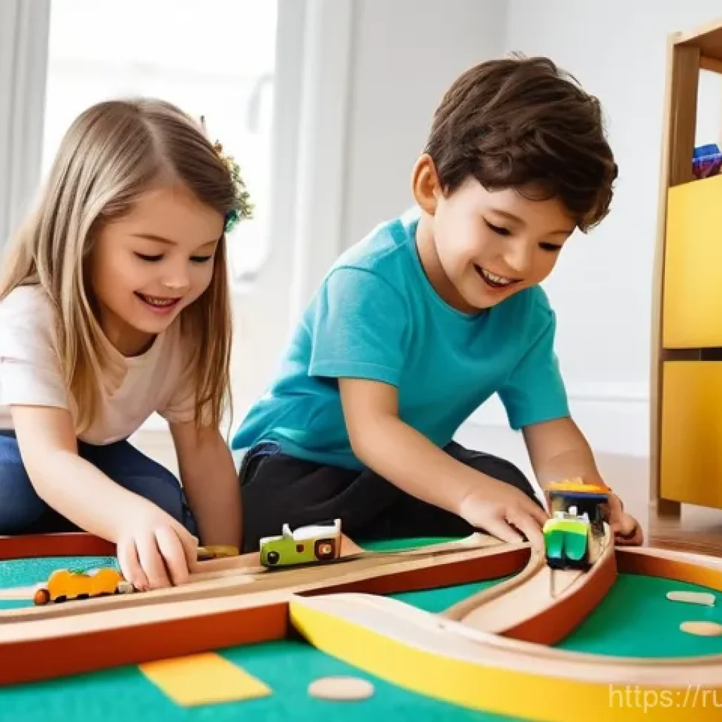 띠띠뽀와 어린이들의 놀이 혁신 - **Imaginative Train World Construction:** A brightly lit, cozy children's room where two young child...