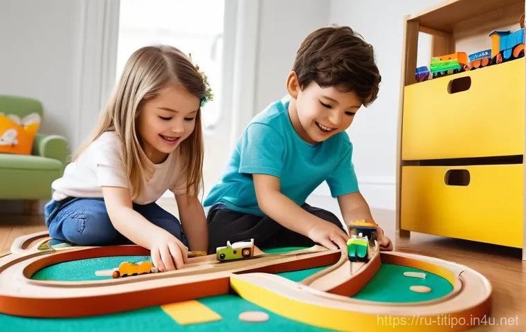 띠띠뽀와 어린이들의 놀이 혁신 - **Imaginative Train World Construction:** A brightly lit, cozy children's room where two young child...