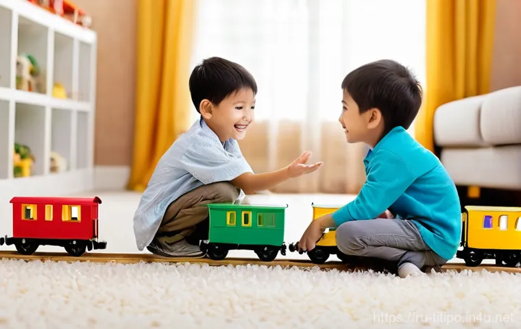 띠띠뽀와 어린이들의 놀이 혁신 - **Imaginative Train World Construction:** A brightly lit, cozy children's room where two young child... 띠띠뽀와 어린이들의 놀이 혁신 - **Imaginative Train World Construction:** A brightly lit, cozy children's room where two young child...