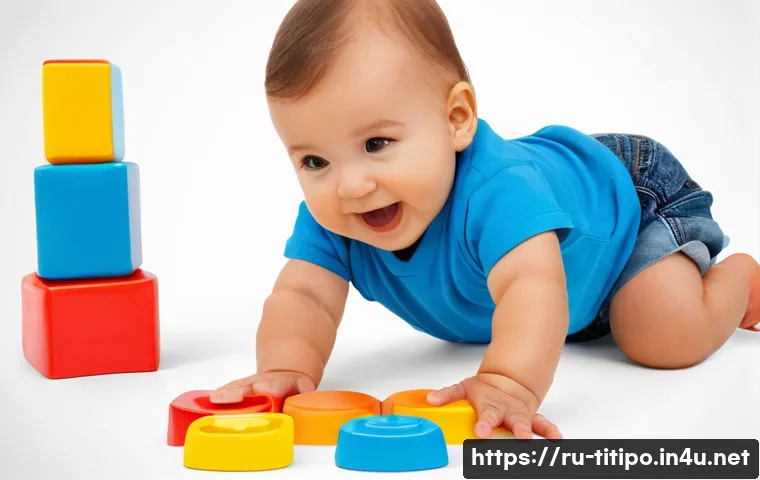띠띠뽀 완구 라인업 - A brightly colored baby toy set designed for infants aged 6 to 18 months, featuring vivid red, yello...