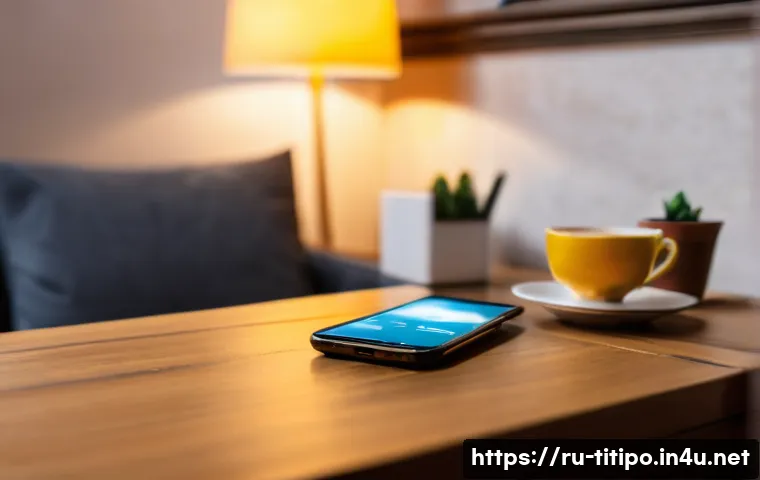 띠띠뽀 제작 비하인드 - A sleek modern smartphone on a wooden desk in a cozy Russian apartment, displaying a notification wi...