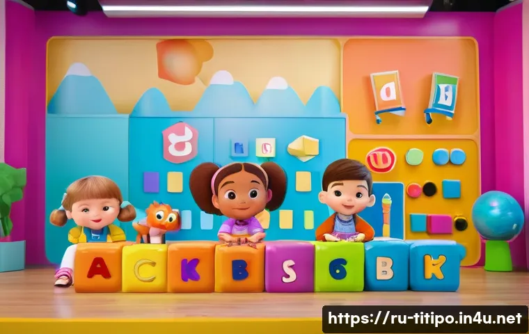 띠띠뽀 관련 다큐멘터리 제작 - A vibrant educational children's TV studio scene in Russia, featuring diverse young kids aged 3-6 we...
