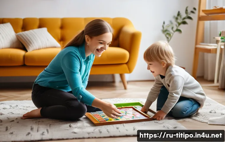 띠띠뽀와 부모 자녀 시간 활용 - A warm and inviting family scene in a modern Russian living room where a parent and child are playin...