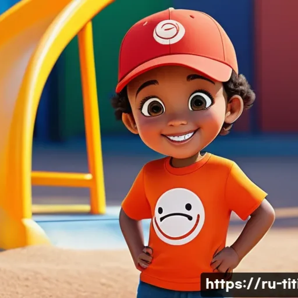 띠띠뽀 캐릭터별 디자인 특징 - A cheerful child character with a bright red round body shape, soft and friendly silhouette, wearing...