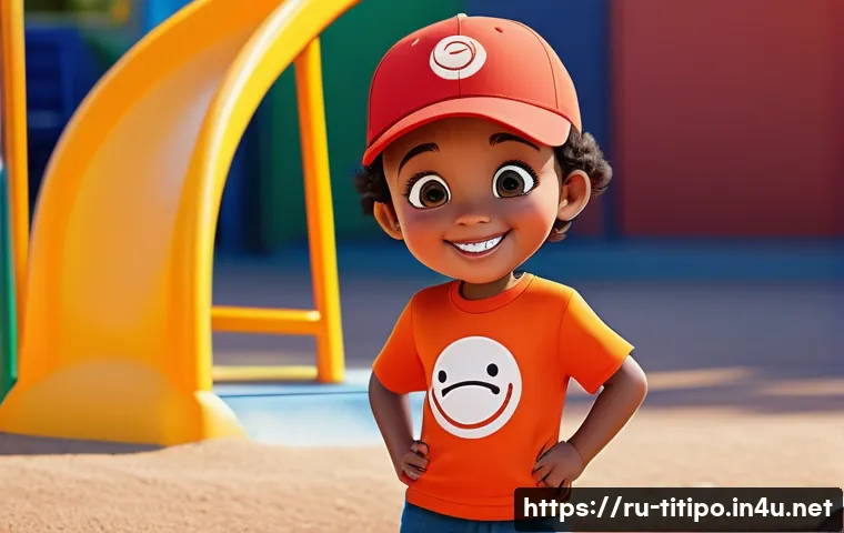 띠띠뽀 캐릭터별 디자인 특징 - A cheerful child character with a bright red round body shape, soft and friendly silhouette, wearing...