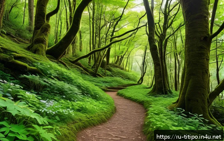띠띠뽀 배경지 실제 여행 정보 - A dense, enchanting forest path winding through tall, ancient trees with lush green foliage and scat...
