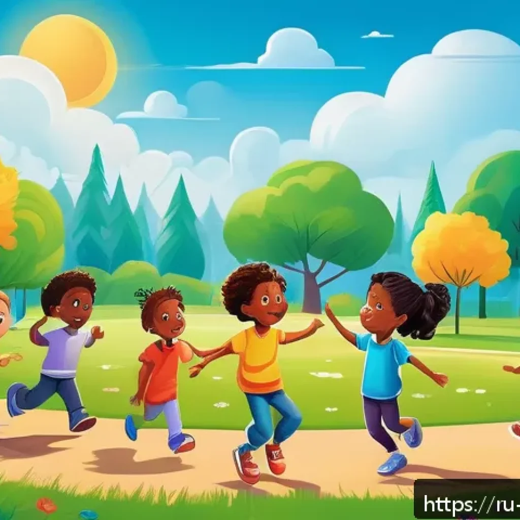 띠띠뽀 콘텐츠의 어린이 꿈과의 연결 - A vibrant and colorful cartoon scene showing a group of diverse children playing together outdoors i...
