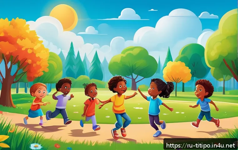 띠띠뽀 콘텐츠의 어린이 꿈과의 연결 - A vibrant and colorful cartoon scene showing a group of diverse children playing together outdoors i...
