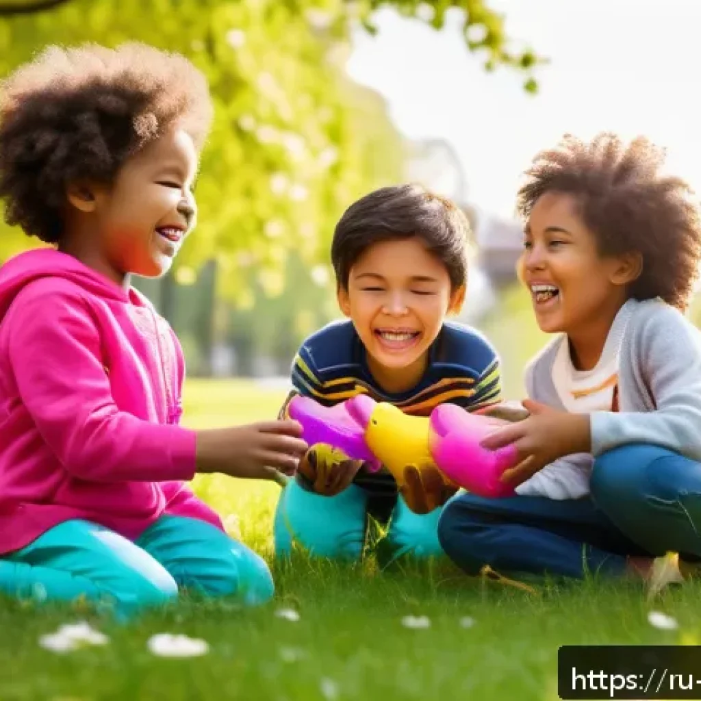 띠띠뽀 주인공의 상징적 역할 - A heartwarming scene of diverse children aged 6-8 playing together in a sunlit park, all wearing col...