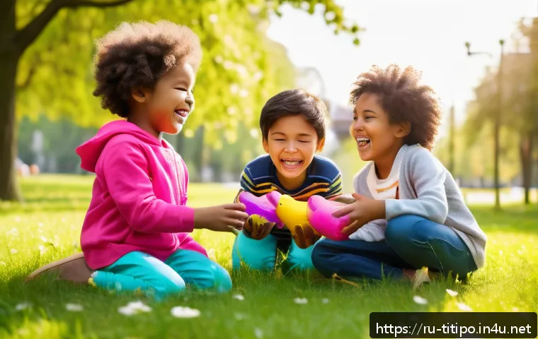 띠띠뽀 주인공의 상징적 역할 - A heartwarming scene of diverse children aged 6-8 playing together in a sunlit park, all wearing col...
