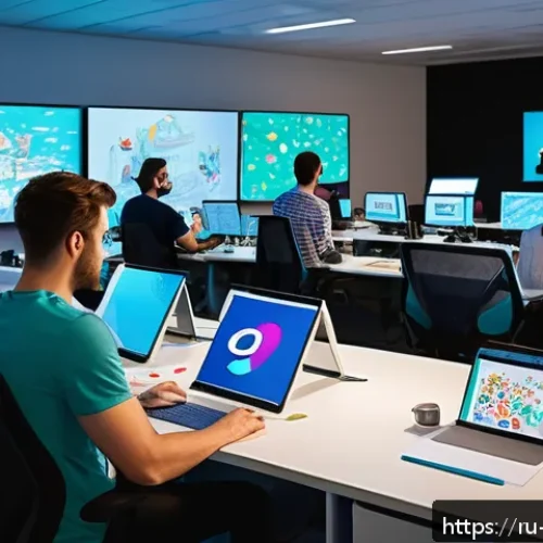 Home 32 띠띠뽀 영상 제작 과정 - A vibrant animation studio workspace featuring a diverse team of animators collaborating intensely a...