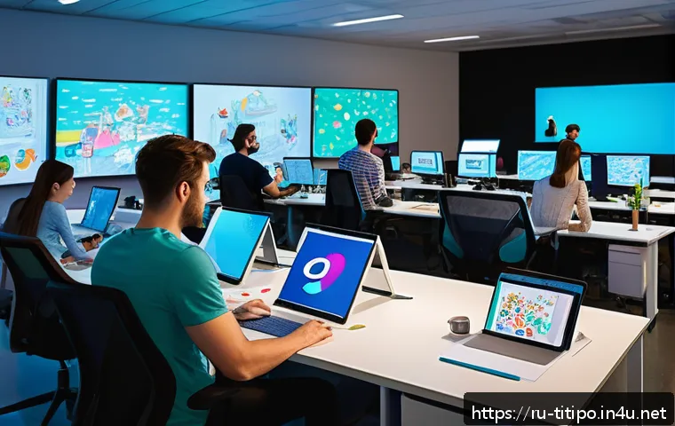 띠띠뽀 영상 제작 과정 - A vibrant animation studio workspace featuring a diverse team of animators collaborating intensely a...