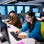 Home 18 띠띠뽀와 세계 애니메이션의 교류 - A vibrant hybrid animation studio scene showcasing artists collaborating internationally via cloud p...