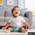 Home 23 띠띠뽀 콘텐츠의 교육적 효과와 연구 - A cheerful toddler wearing a colorful diaper happily mimics simple speech sounds from a vibrant anim...