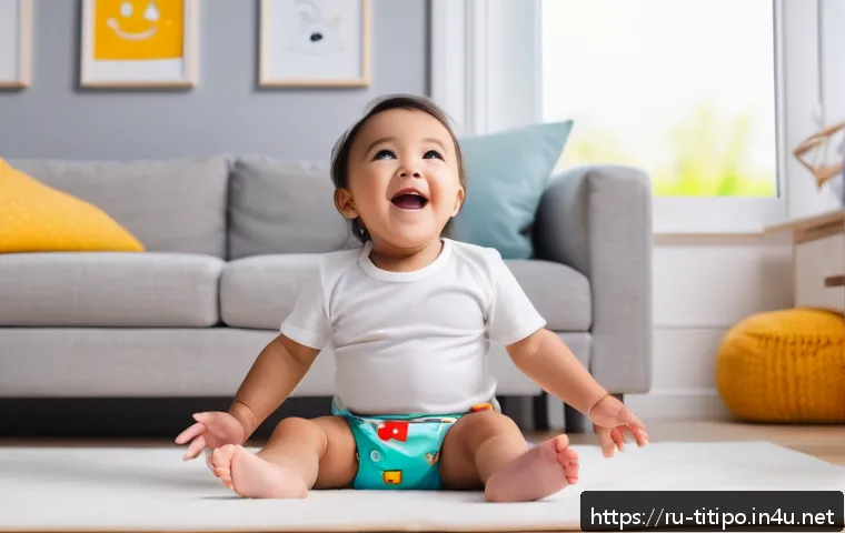 띠띠뽀 콘텐츠의 교육적 효과와 연구 - A cheerful toddler wearing a colorful diaper happily mimics simple speech sounds from a vibrant anim...