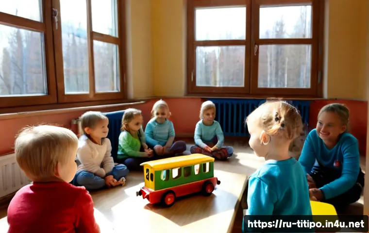띠띠뽀와 어린이들에게 전달하는 메시지 - Photorealistic cheerful preschool classroom in Russia, a friendly small colorful toy train character...