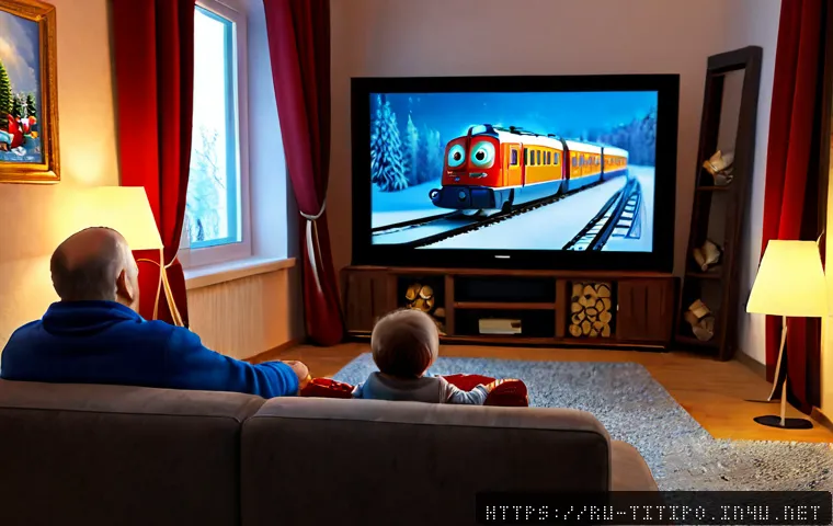 띠띠뽀 애니메이션의 국제적 평가 - Photorealistic cozy Russian family living room in winter, grandparents and two children watching a c...