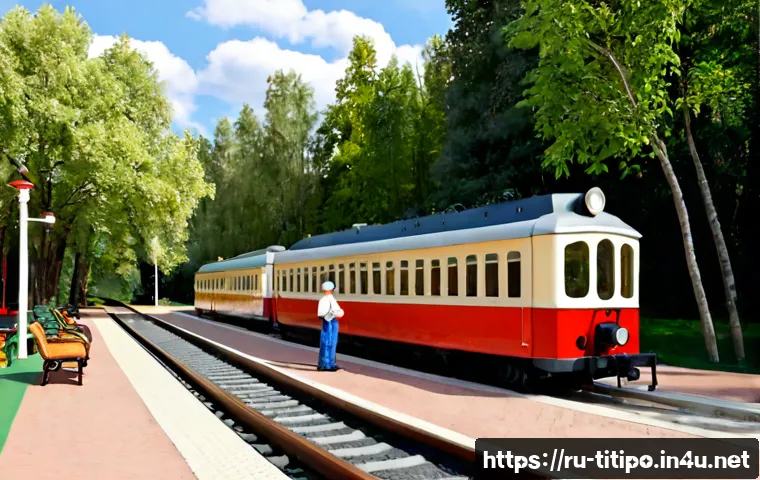 띠띠뽀 기차역 실제 모델 - Photorealistic Russian children’s railway station on a clear summer morning, a small colorful electr...