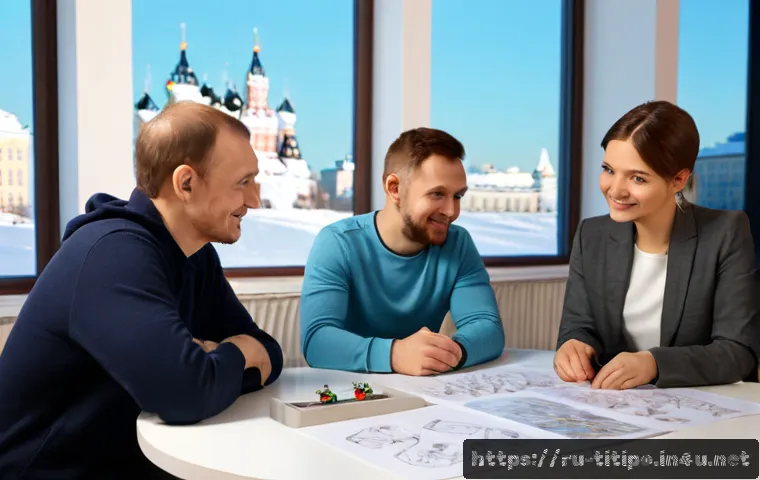 Home 15 띠띠뽀 콘텐츠의 글로벌 협력 가능성 - Photorealistic creative partnership meeting in a modern Moscow animation studio, Russian producers a...